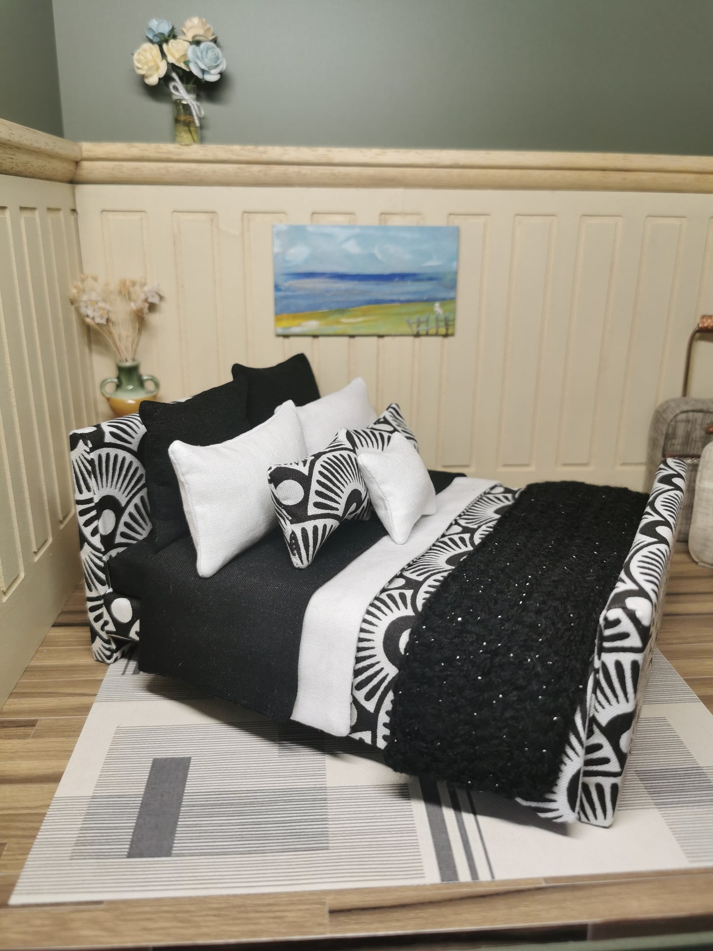 Double Bed in Black & White Fan Print | 1:12th Scale | Handmade