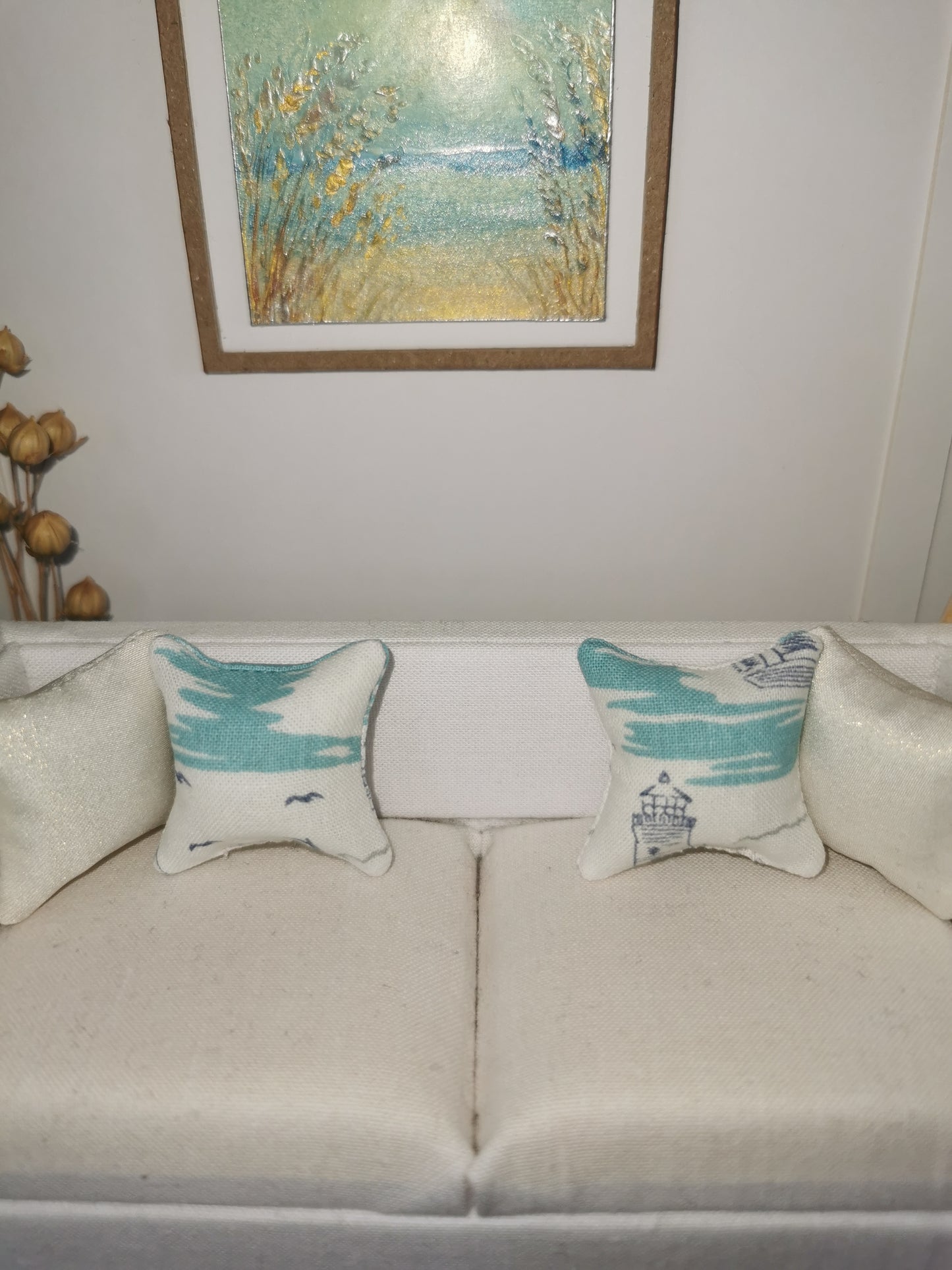 White/Aqua/Navy Boat & Lighthouse Print Cushion | 1:12th Scale | Handmade