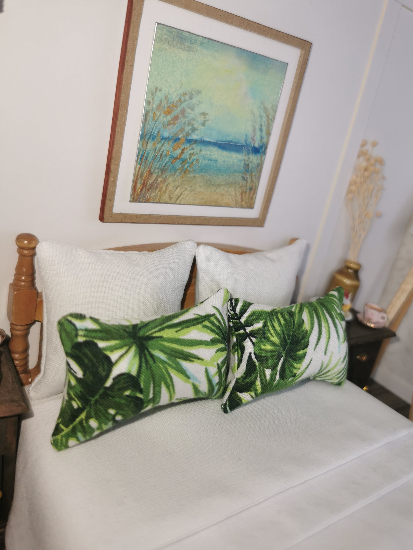 Green/White Leaf Print Pillows | Set of 2 | 1:12th Scale | Handmade