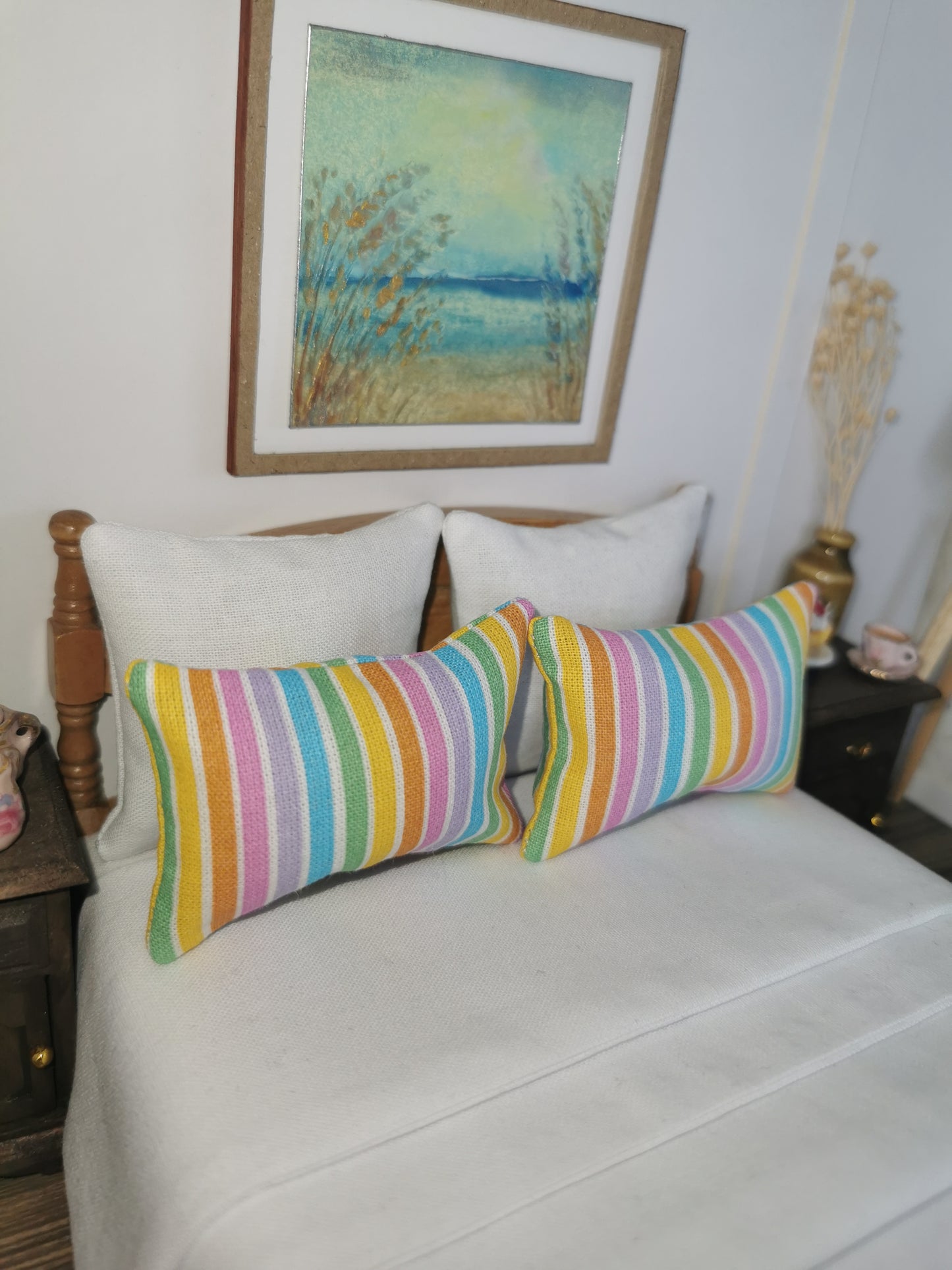 Rainbow Stripe Print Pillows | Set of 2 | 1:12th Scale | Handmade