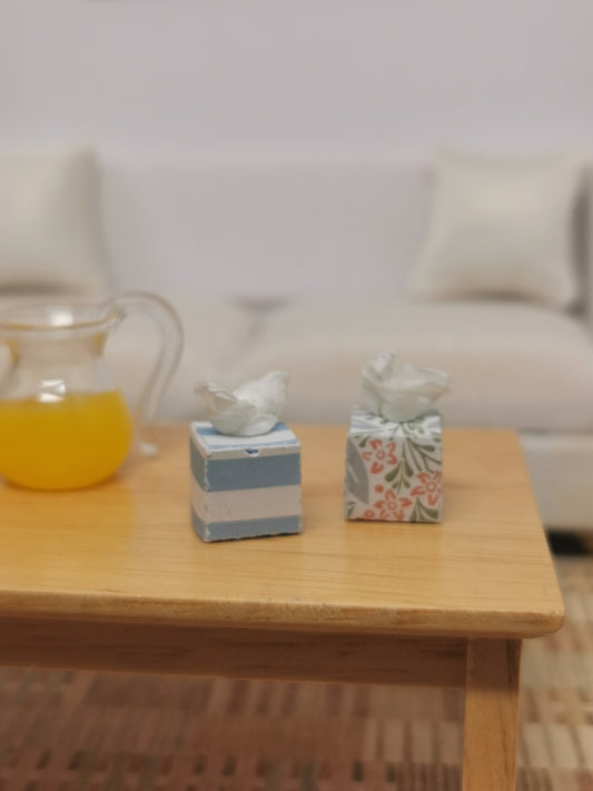 Blue Stripe & Floral Tissue Boxes | Set of 2 | 1:12th Scale | Handmade