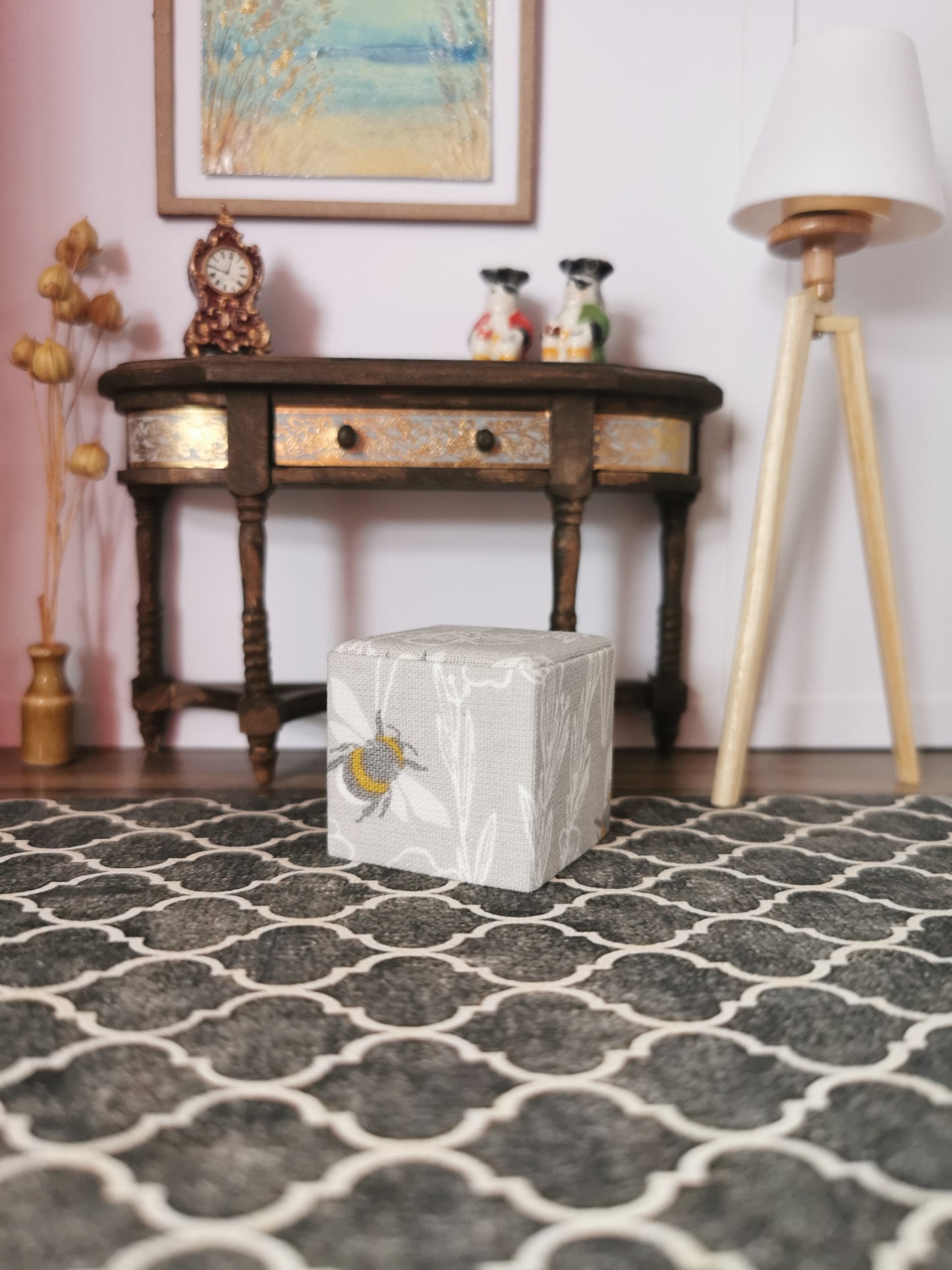 Grey/White Bee Print Cube Foot Stool | 1:12th Scale | Hand Finished