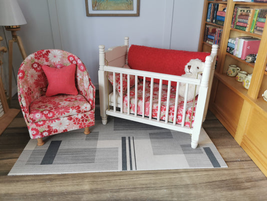 Baby Cot & Tub Chair Set in Cream & Pink Floral Print | 1:12th Scale | Handmade & Hand Finished
