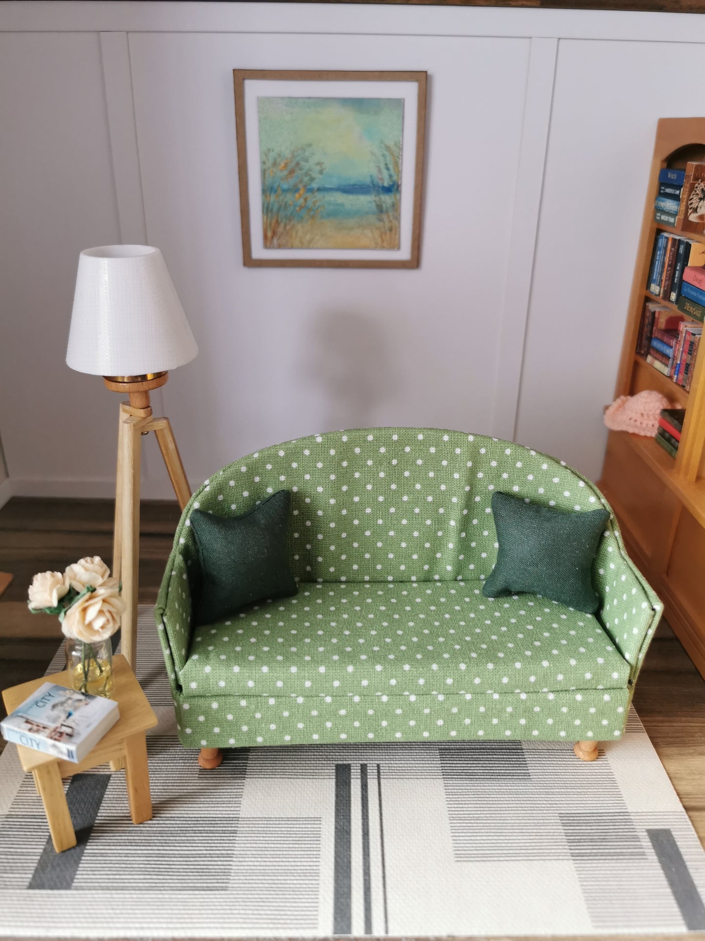 Tub Sofa in Green & White Dotty Print Fabric | 1:12th Scale | Handmade