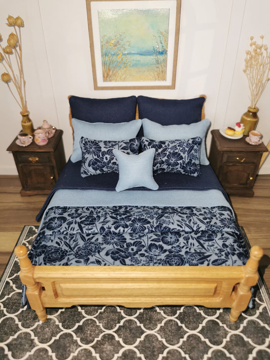 Blue/Navy Floral Print Bed Linen | 1:12th Scale | Set of 9 | Handmade