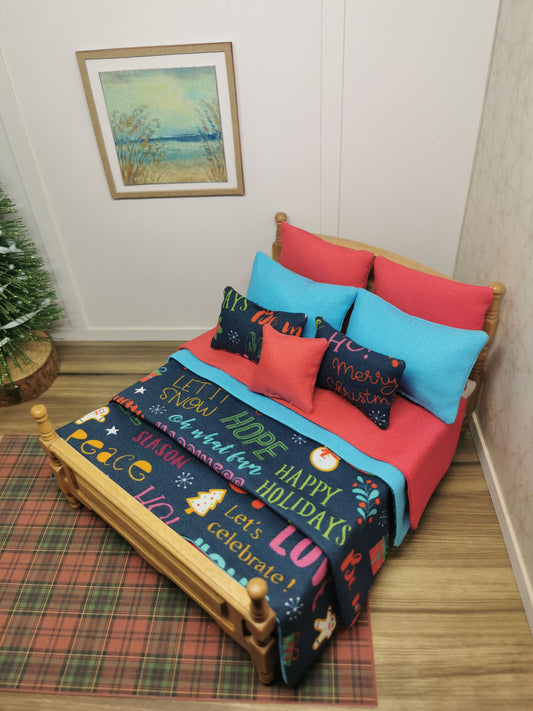 Navy Word Christmas Double Bed Linen Set | 1:12th Scale | Handmade