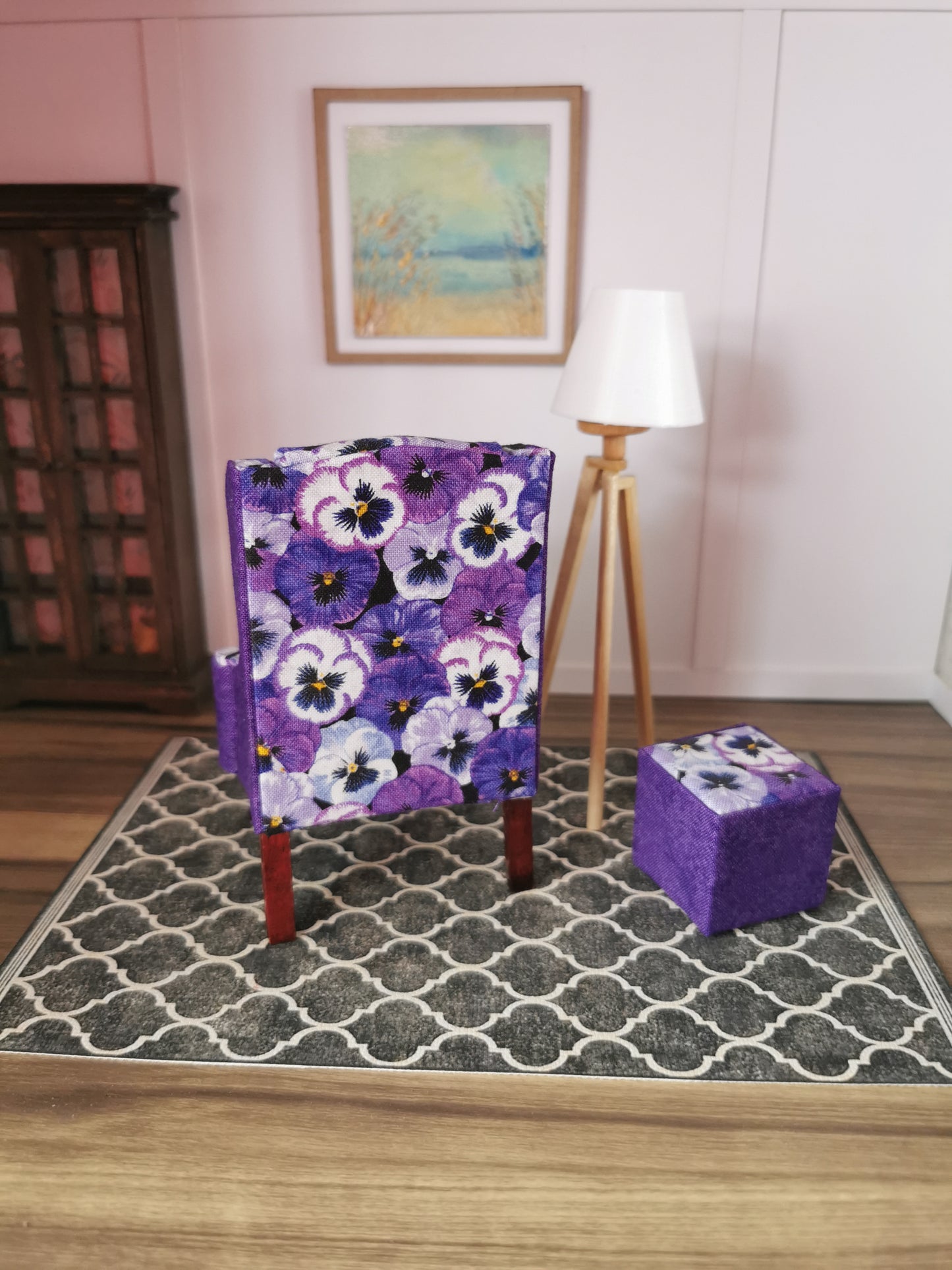 Purple Pansy Wingback Chair & Foot Stool | 1:12th Scale | Hand Finished