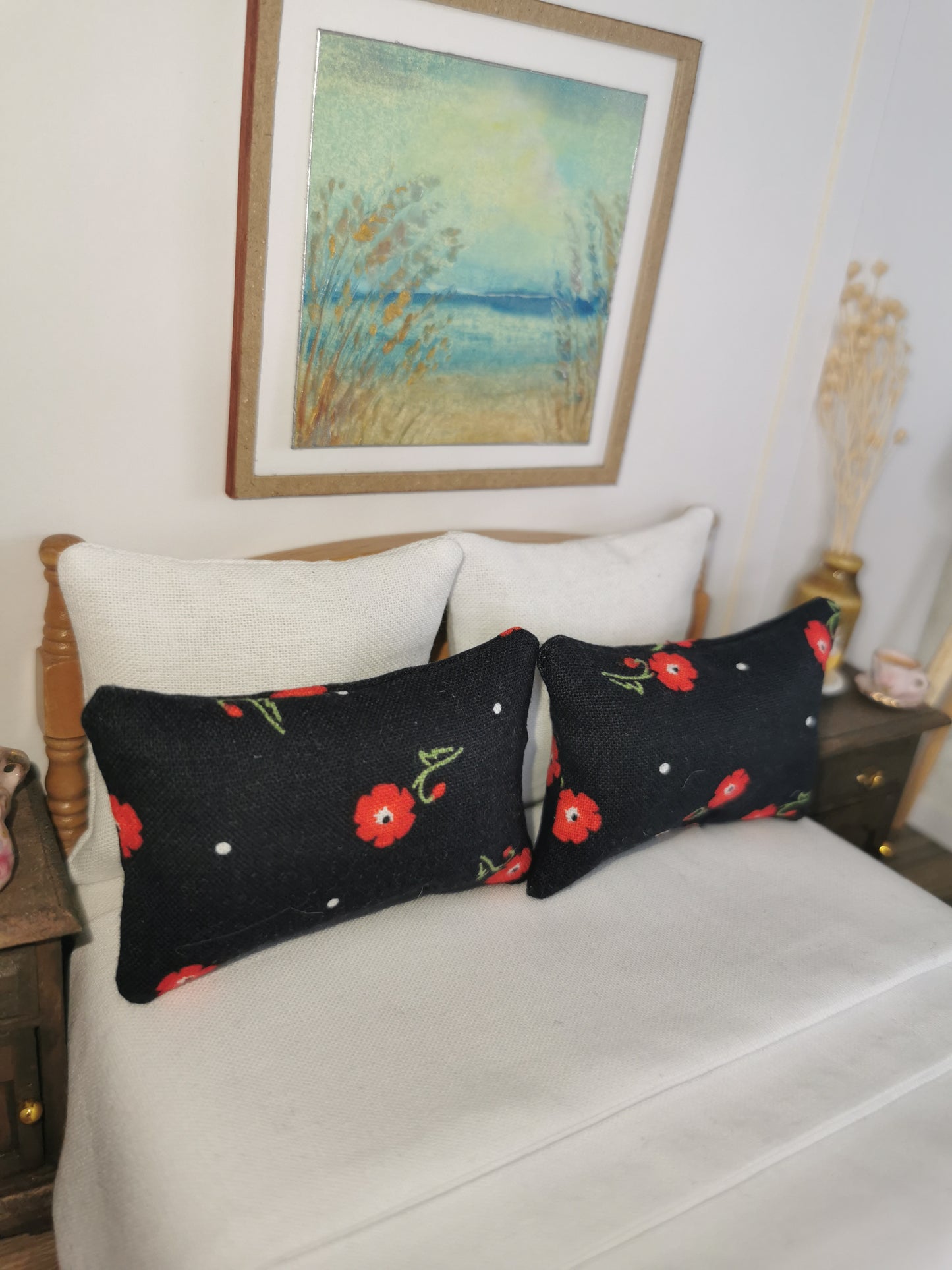 Black/Red Flower Print Pillows | Set of 2 | 1:12th Scale | Handmade