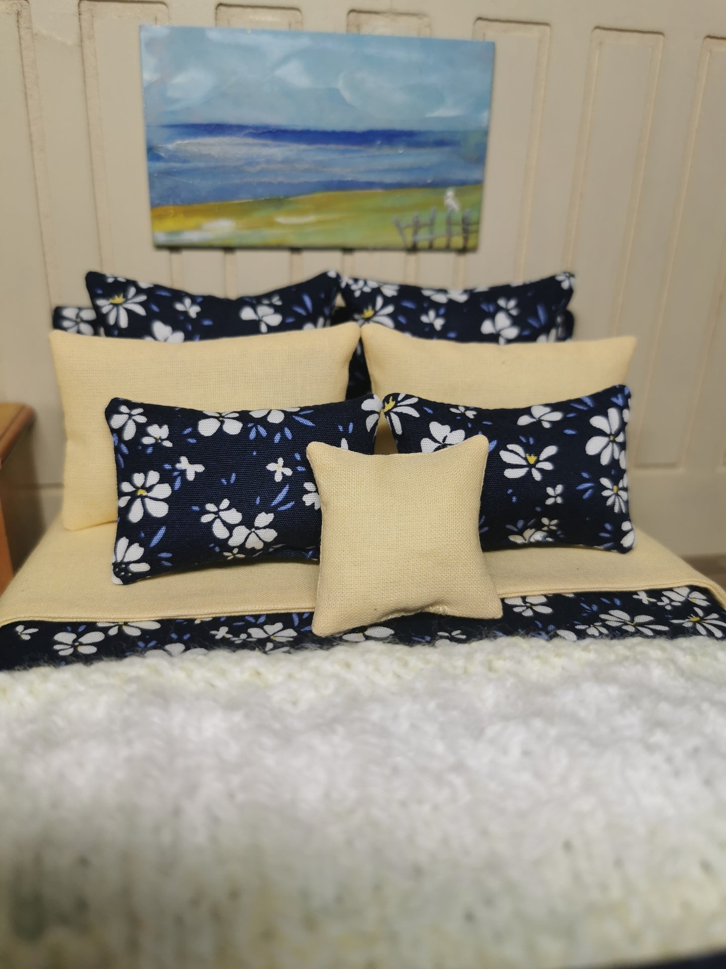 Double Bed in Navy & Lemon Floral Print | 1:12th Scale | Handmade