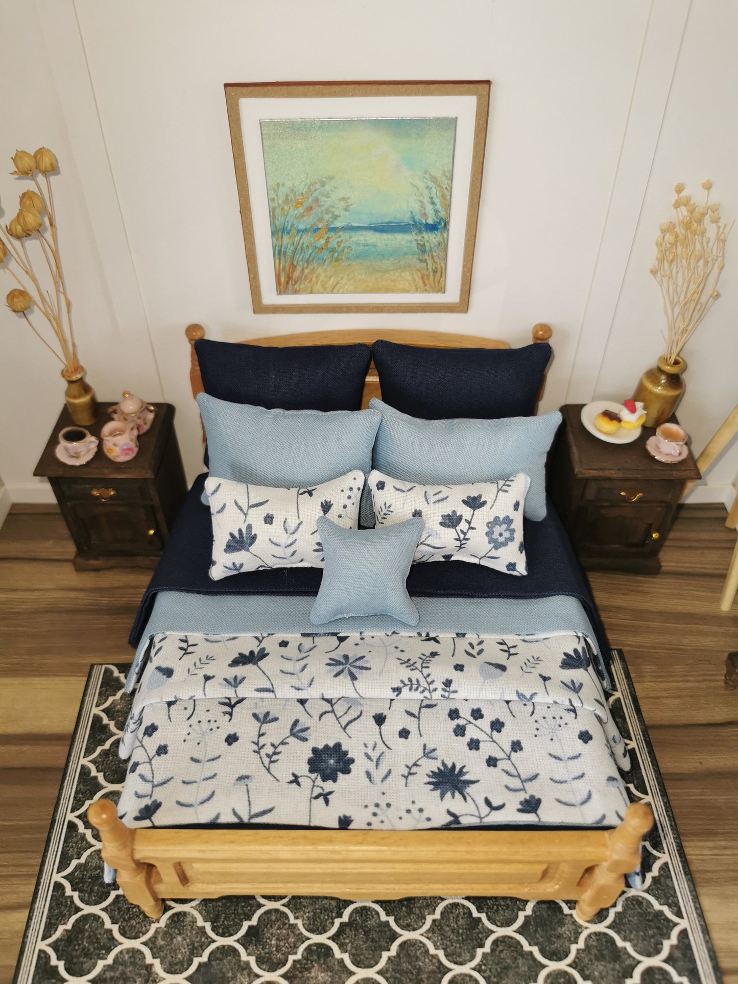 White/Navy/Blue Floral Print Bed Linen | 1:12th Scale | Set of 9 | Handmade