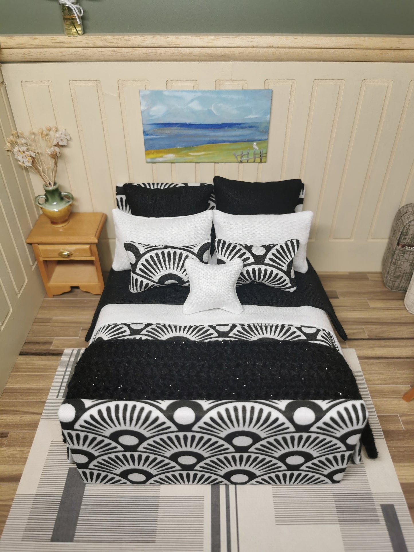 Double Bed in Black & White Fan Print | 1:12th Scale | Handmade