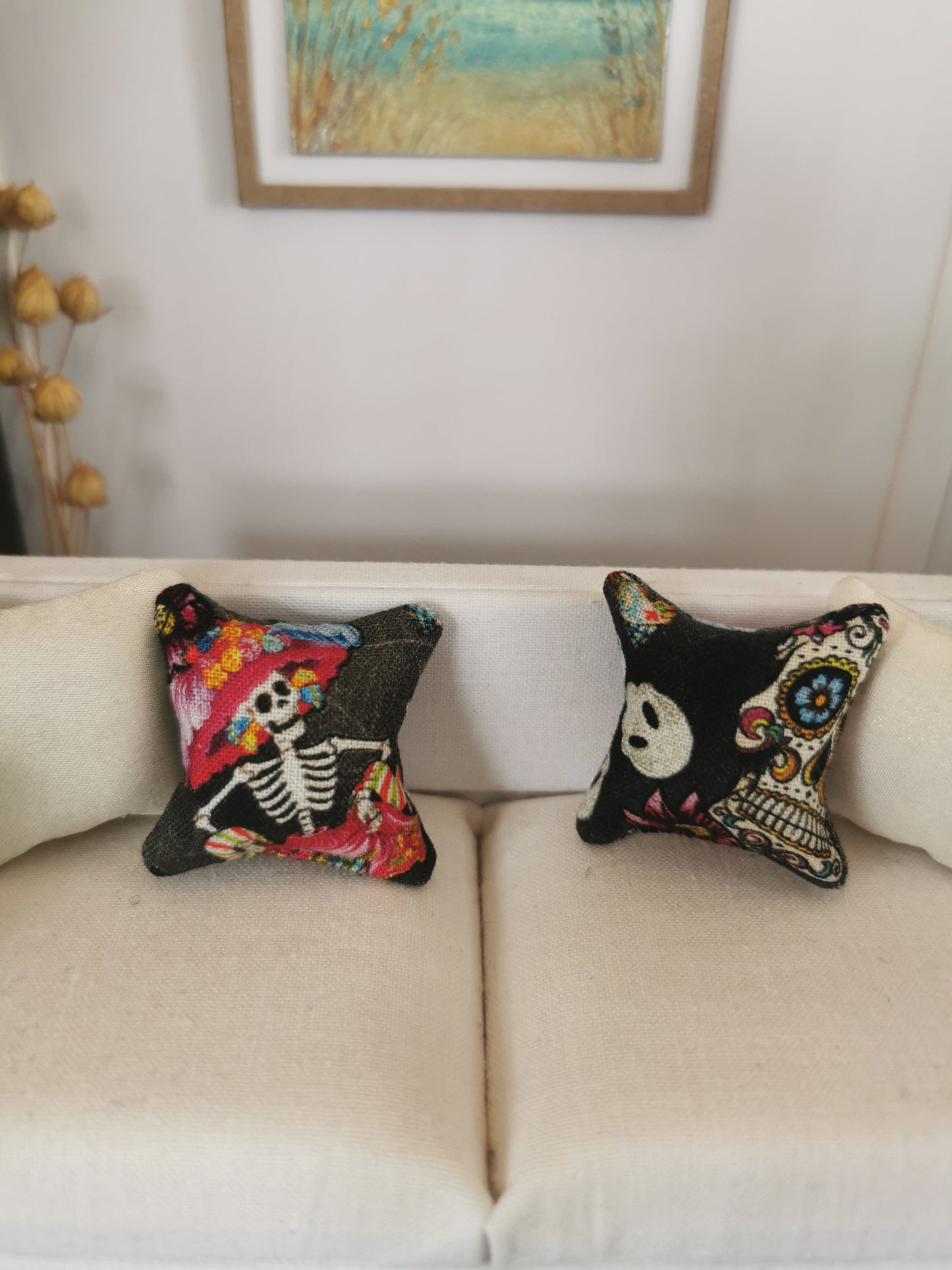 Grey/White Sugar Skull Print Cushion | 1:12th Scale | Handmade