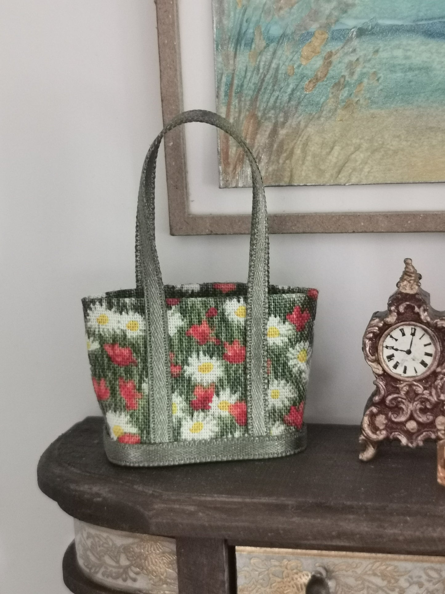 Green Daisy Fabric Tote Bag | 1:12th Scale | Handmade