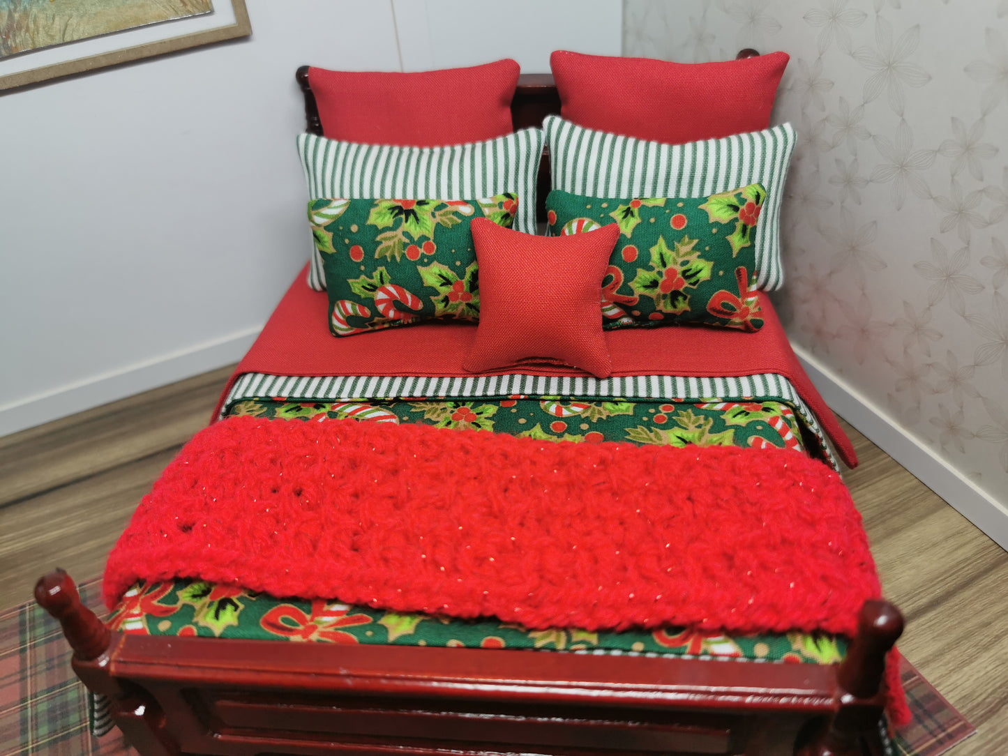 Green Candy Cane Christmas Dressed Bed | 1:12th Scale | Handmade