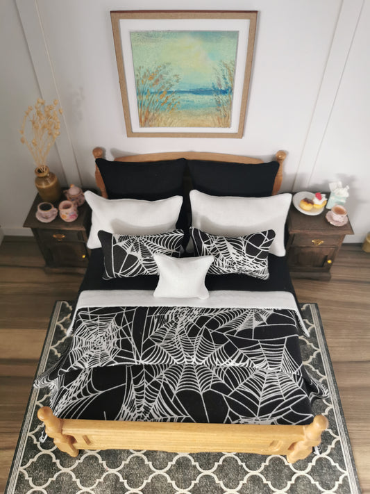 Black/White Spider Web Halloween Print Bed Linen Set | Set of 9 | 1:12th Scale | Handmade