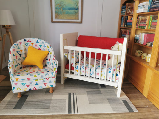 Baby Cot & Tub Chair Set in White Geo Print | 1:12th Scale | Handmade & Hand Finished