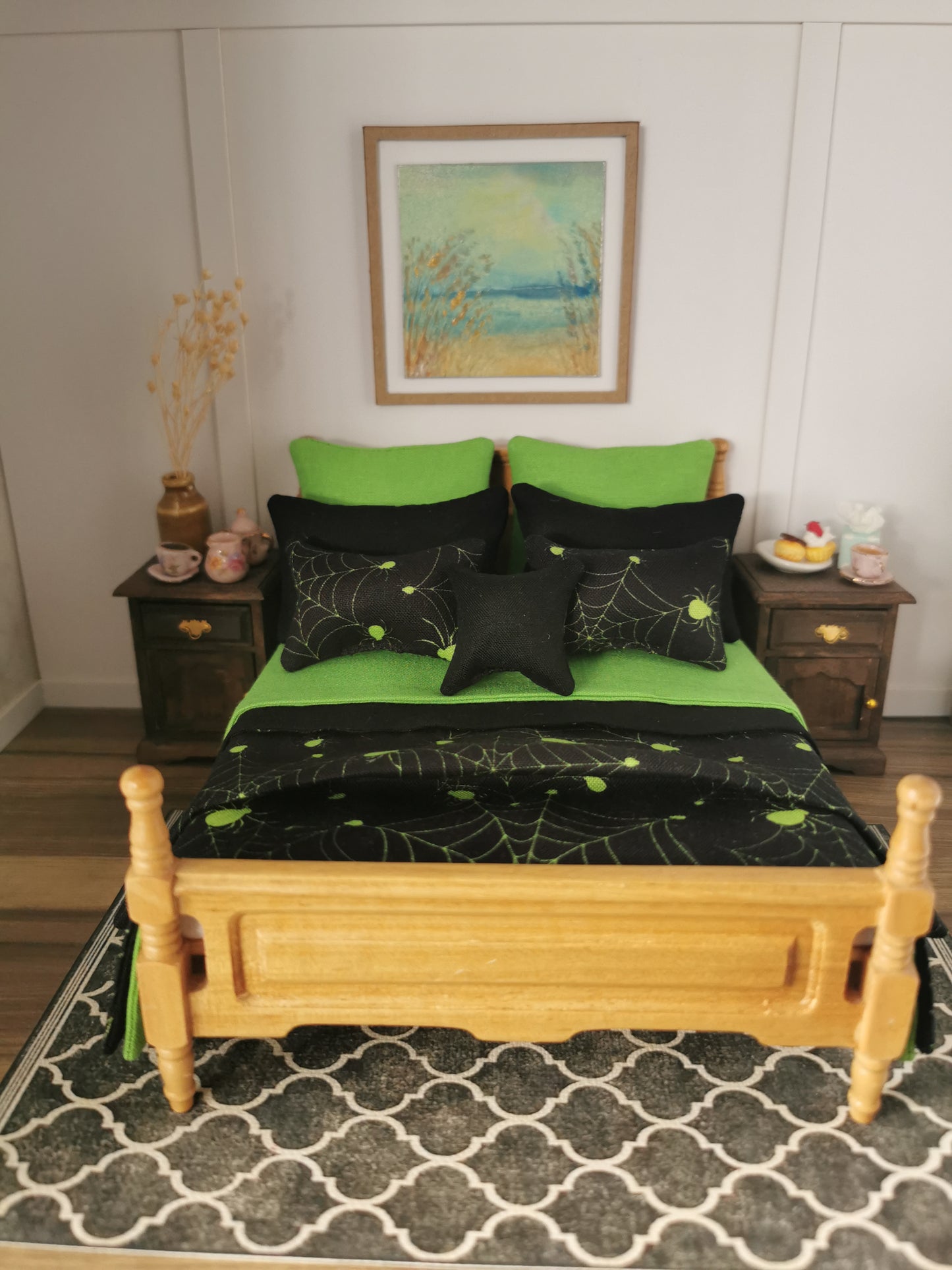 Black/Lime Green Spider Web Halloween Print Bed Linen Set | Set of 9 | 1:12th Scale | Handmade