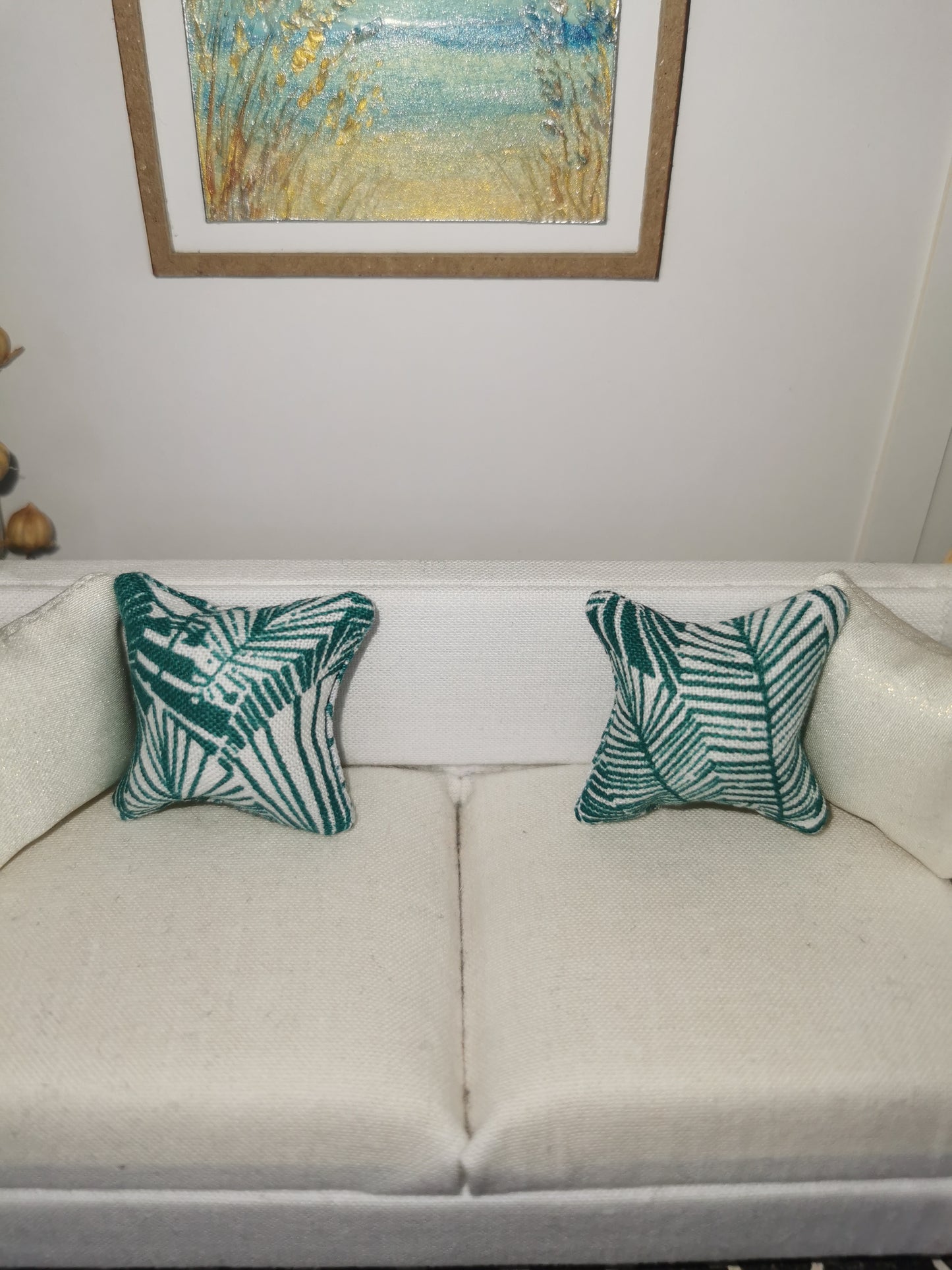 Teal/White Palm Print Cushion | 1:12th Scale | Handmade