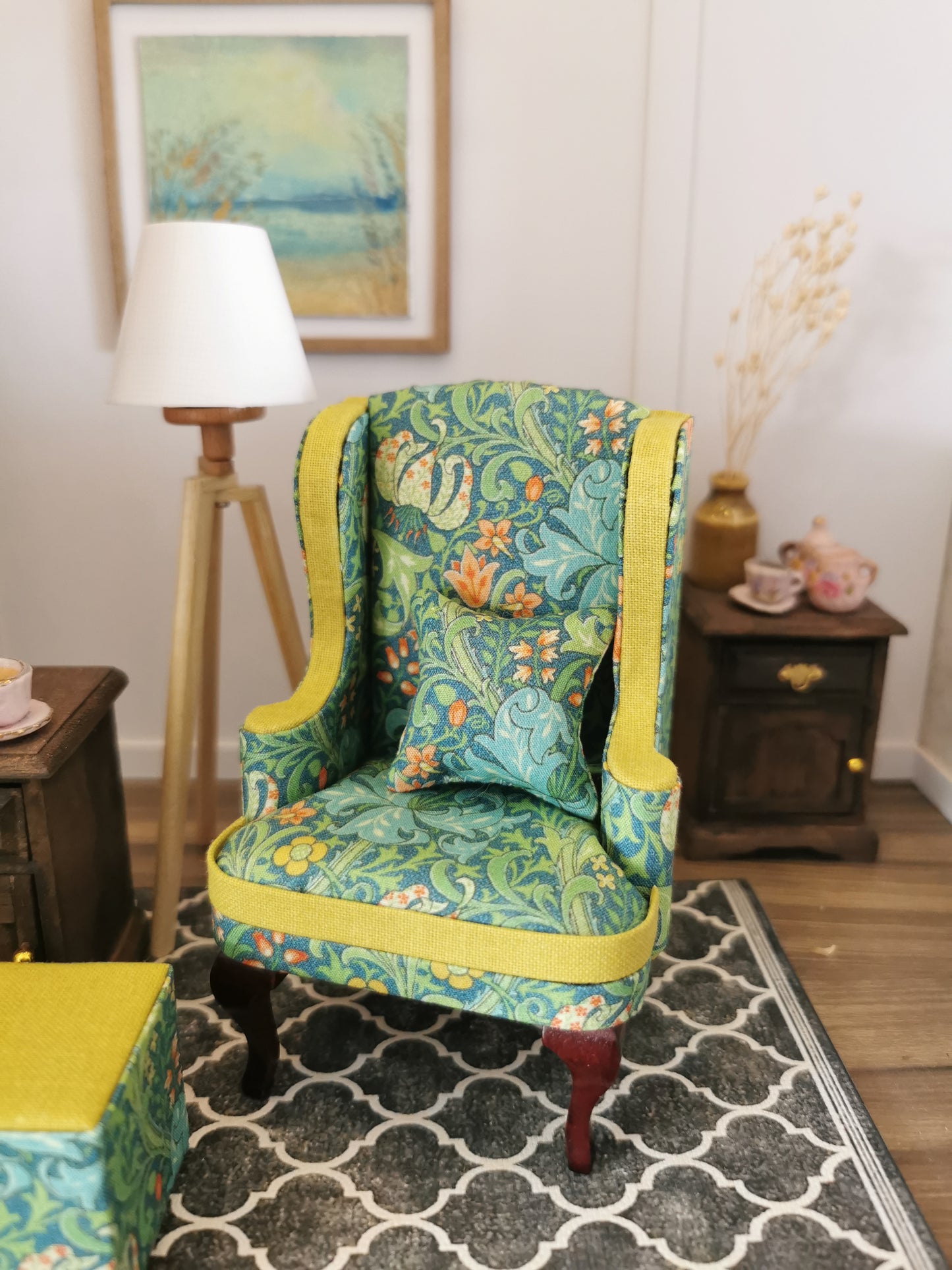 William Morris Wingback Chair & Foot Stool | 1:12th Scale | Hand Finished