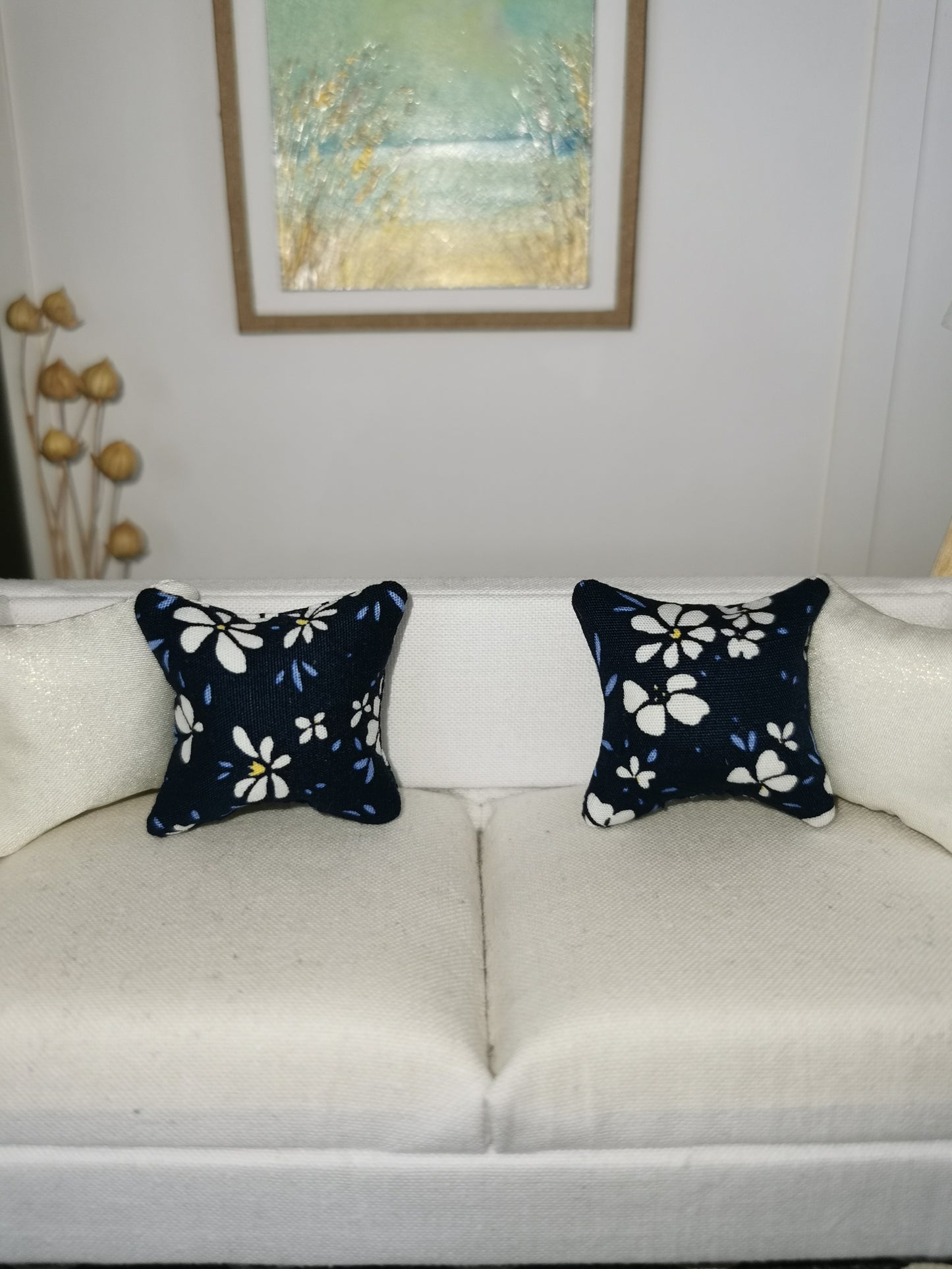 Navy/White Floral Print Cushion | 1:12th Scale | Handmade