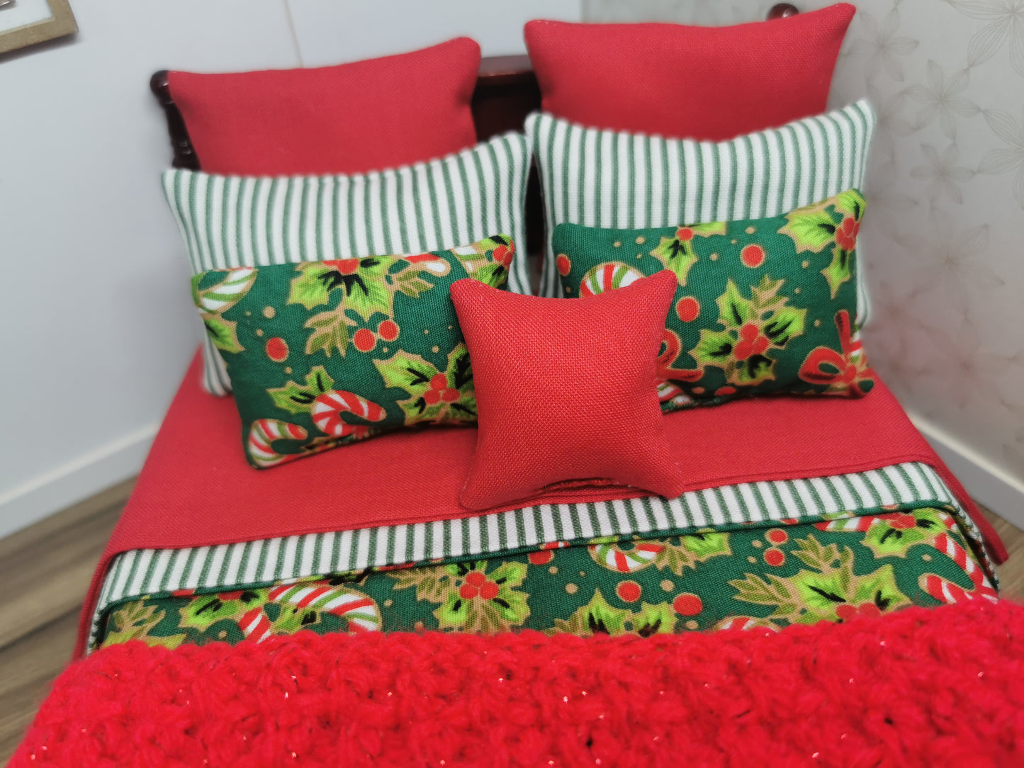 Green Candy Cane Christmas Dressed Bed | 1:12th Scale | Handmade