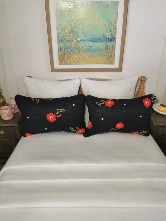 Black/Red Flower Print Pillows | Set of 2 | 1:12th Scale | Handmade