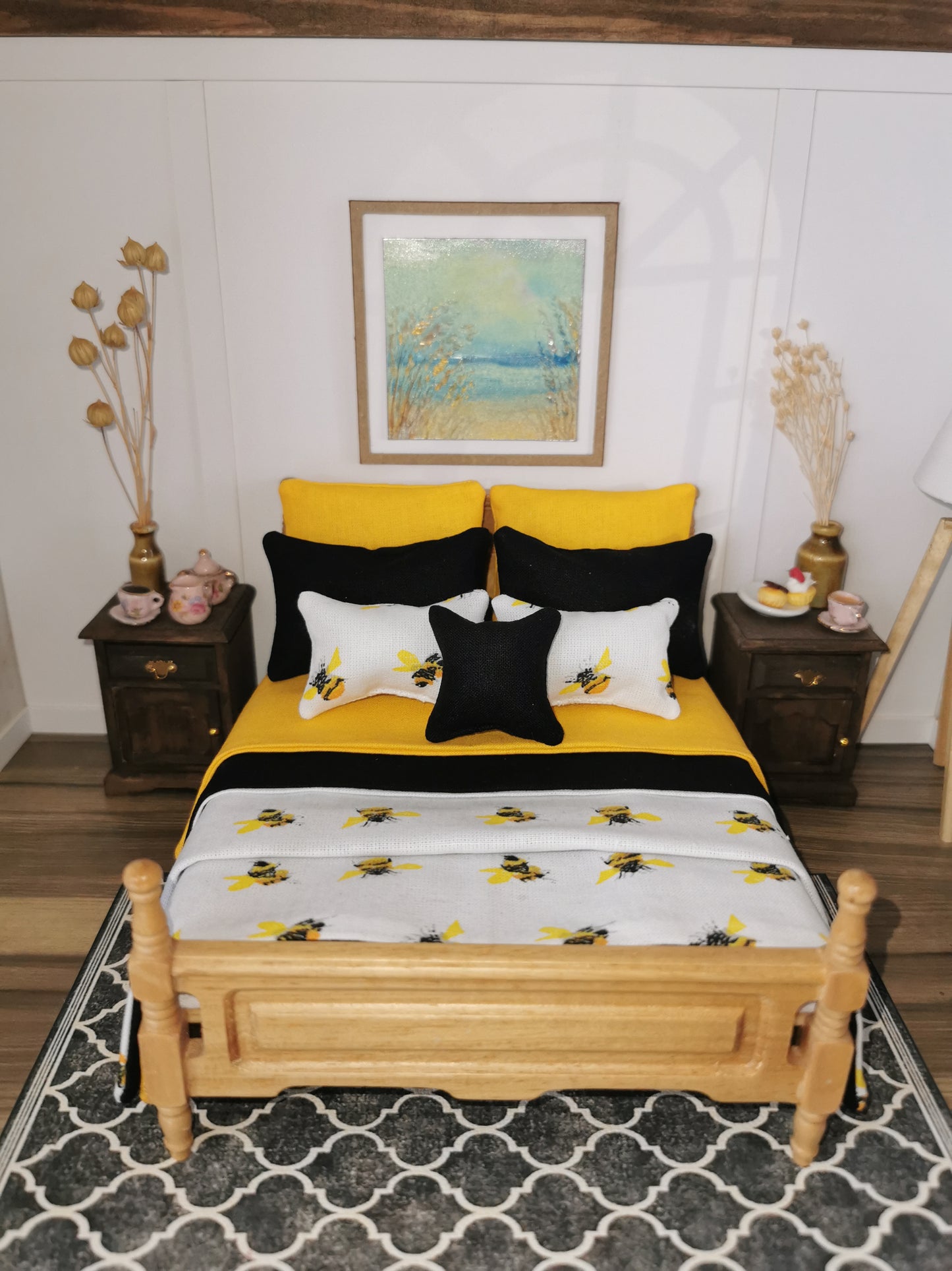 Black/Yellow/White Bee Print Bed Linen | 1:12th Scale | Set of 9 | Handmade