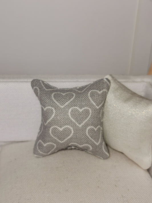 Grey/White Heart Print Cushion | 1:12th Scale | Handmade