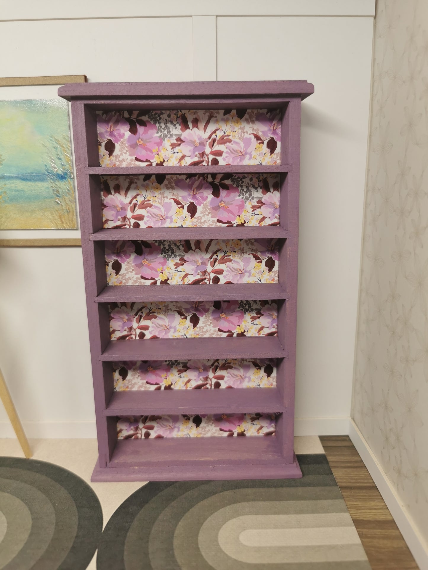 Hand Painted Purple Bookcase with Floral Paper | 1:12th Scale | Hand Finished