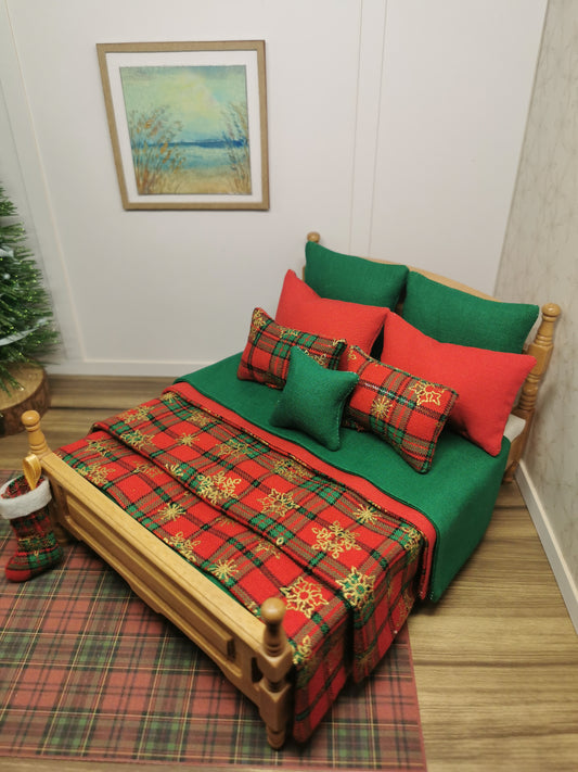 Tartan & Gold Snowflake Christmas Double Bed Linen Set | 1:12th Scale | Handmade