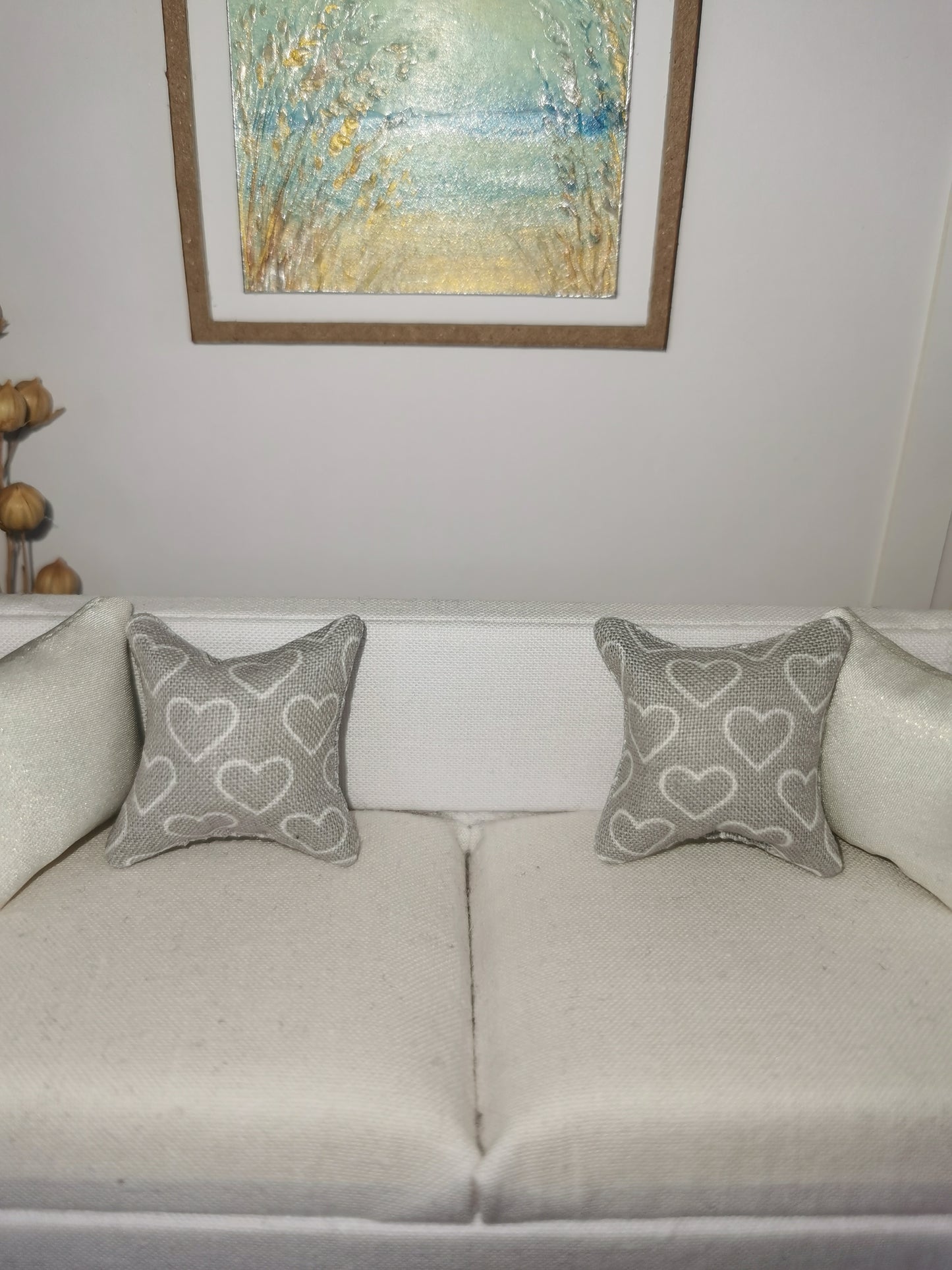 Grey/White Heart Print Cushion | 1:12th Scale | Handmade