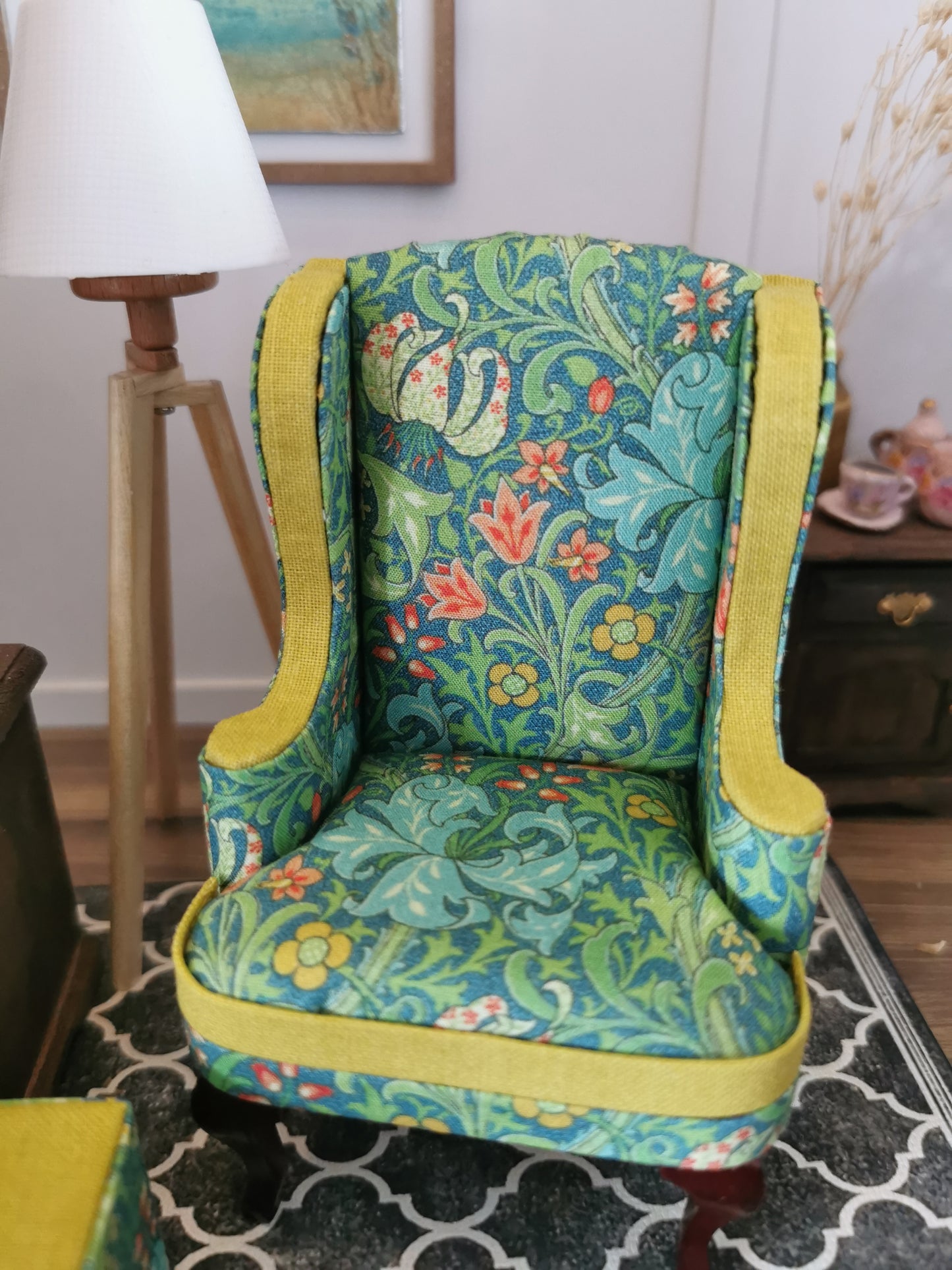 William Morris Wingback Chair & Foot Stool | 1:12th Scale | Hand Finished