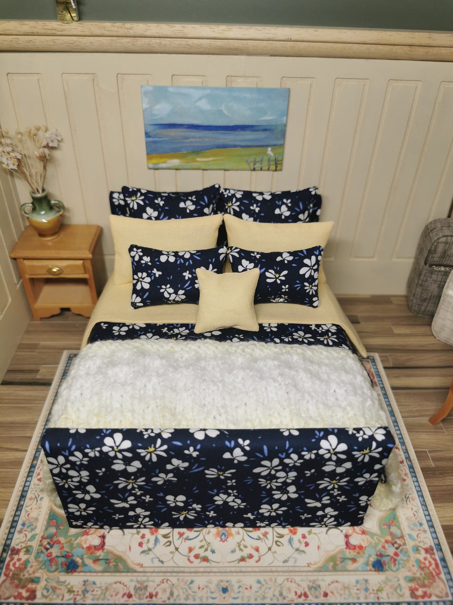 Double Bed in Navy & Lemon Floral Print | 1:12th Scale | Handmade