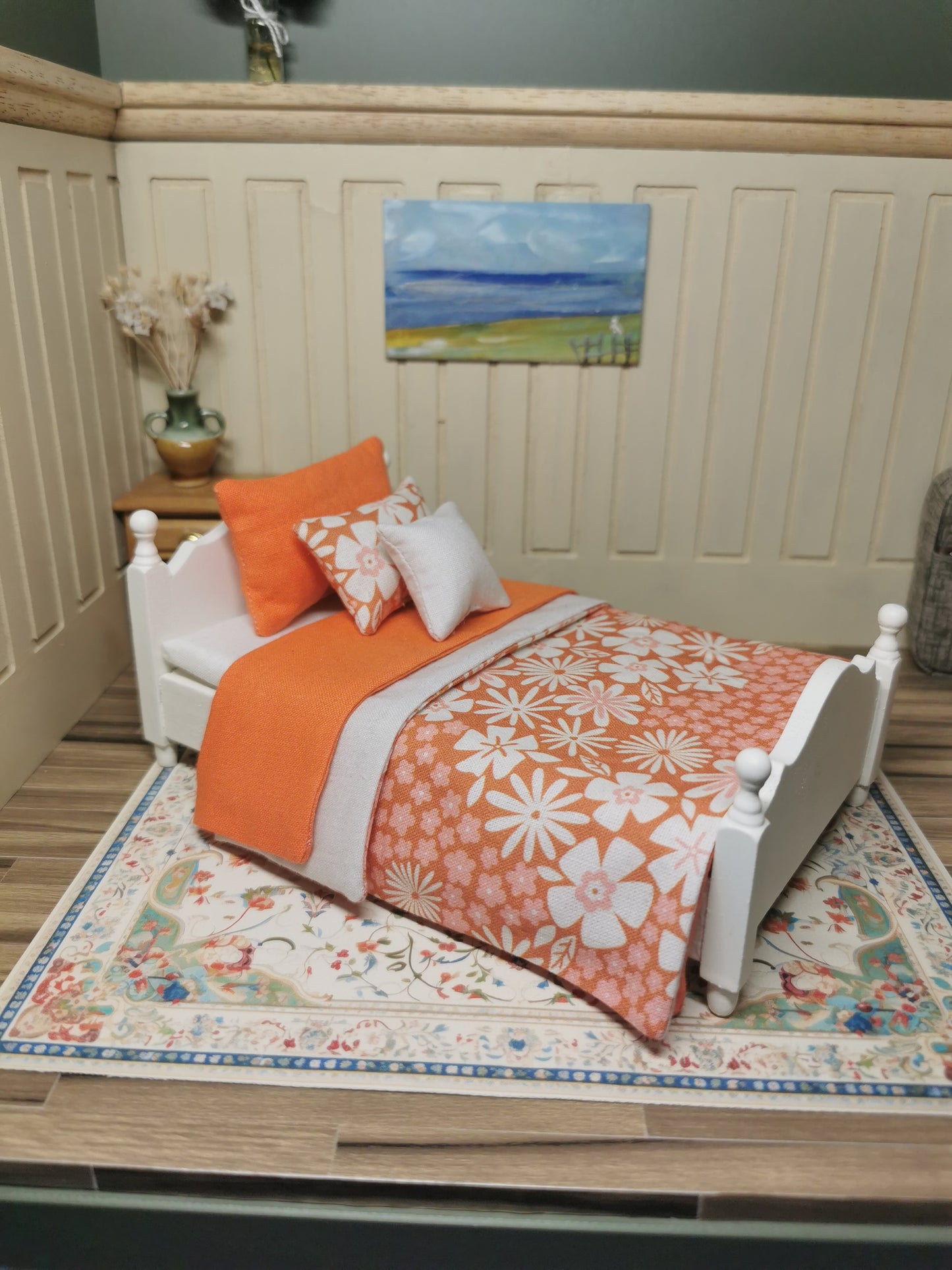 Single Bed in Off White & Orange Floral Print | 1:12th Scale | Hand Finished