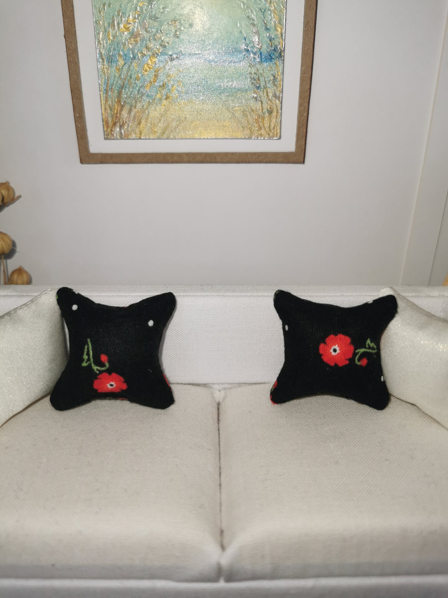 Black/Red Floral Print Cushion | 1:12th Scale | Handmade