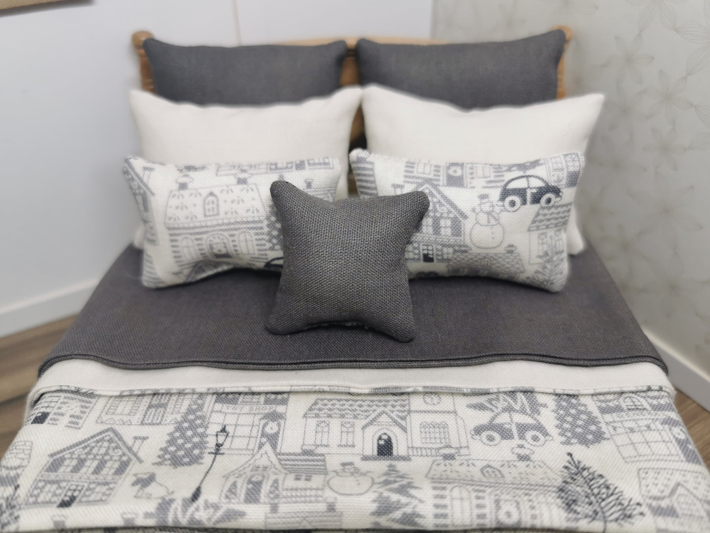 Grey & Cream House Christmas Double Bed Linen Set | 1:12th Scale | Handmade