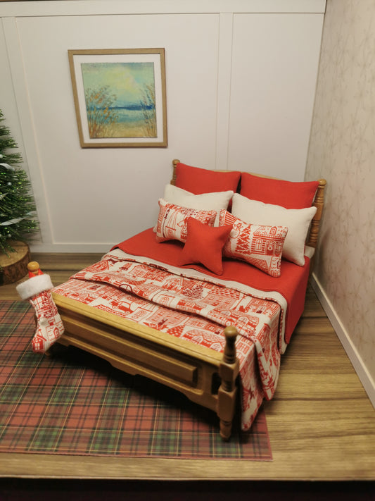 Red & Cream House Christmas Double Bed Linen Set | 1:12th Scale | Handmade