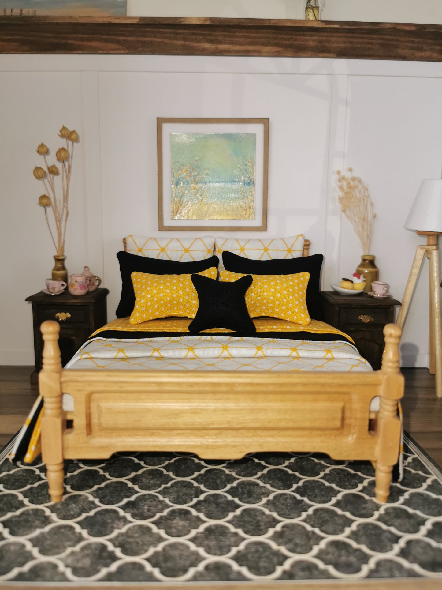 Black/Yellow/White Geo Print Bed Linen | 1:12th Scale | Set of 9 | Handmade