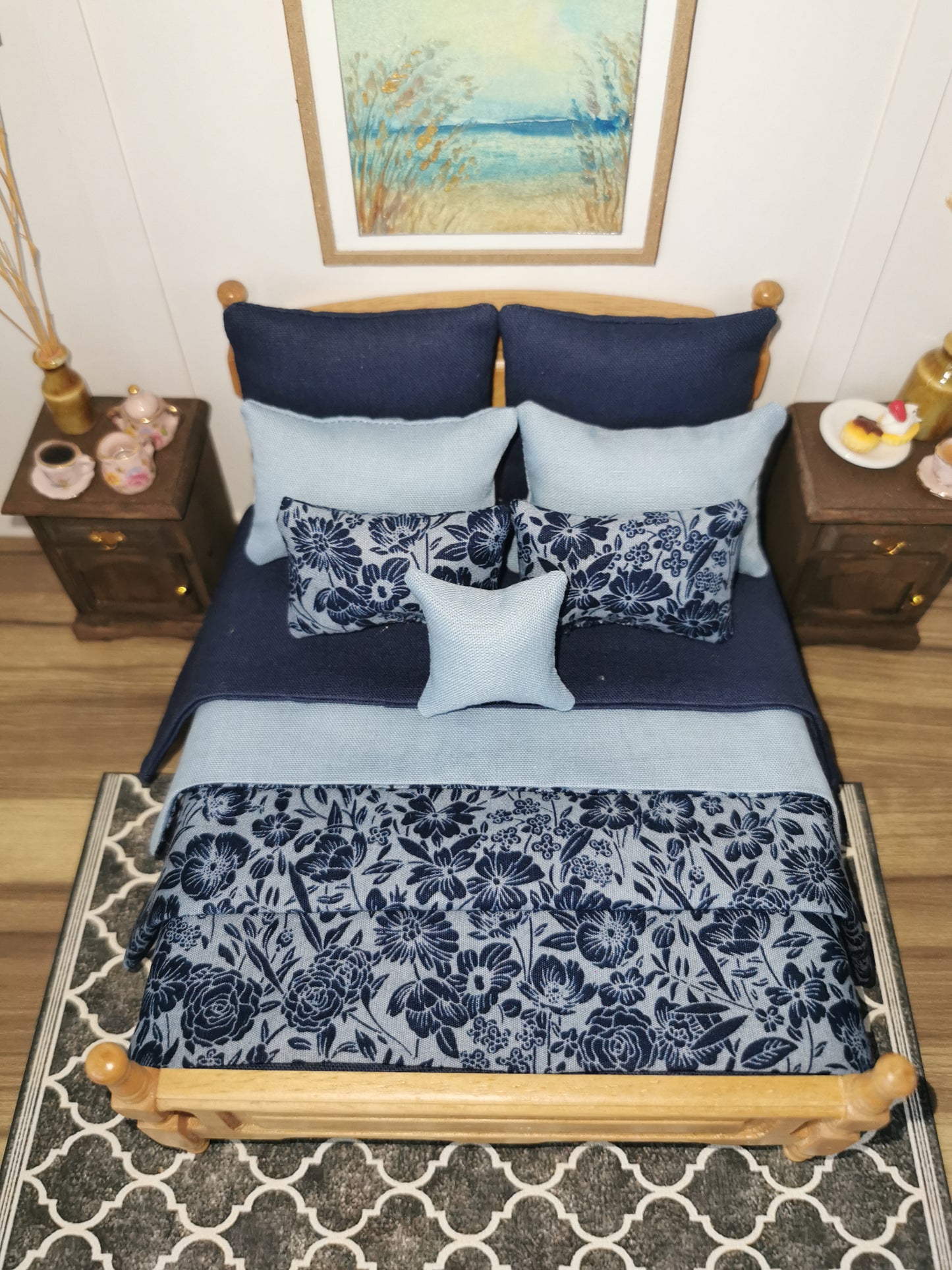 Blue/Navy Floral Print Bed Linen | 1:12th Scale | Set of 9 | Handmade