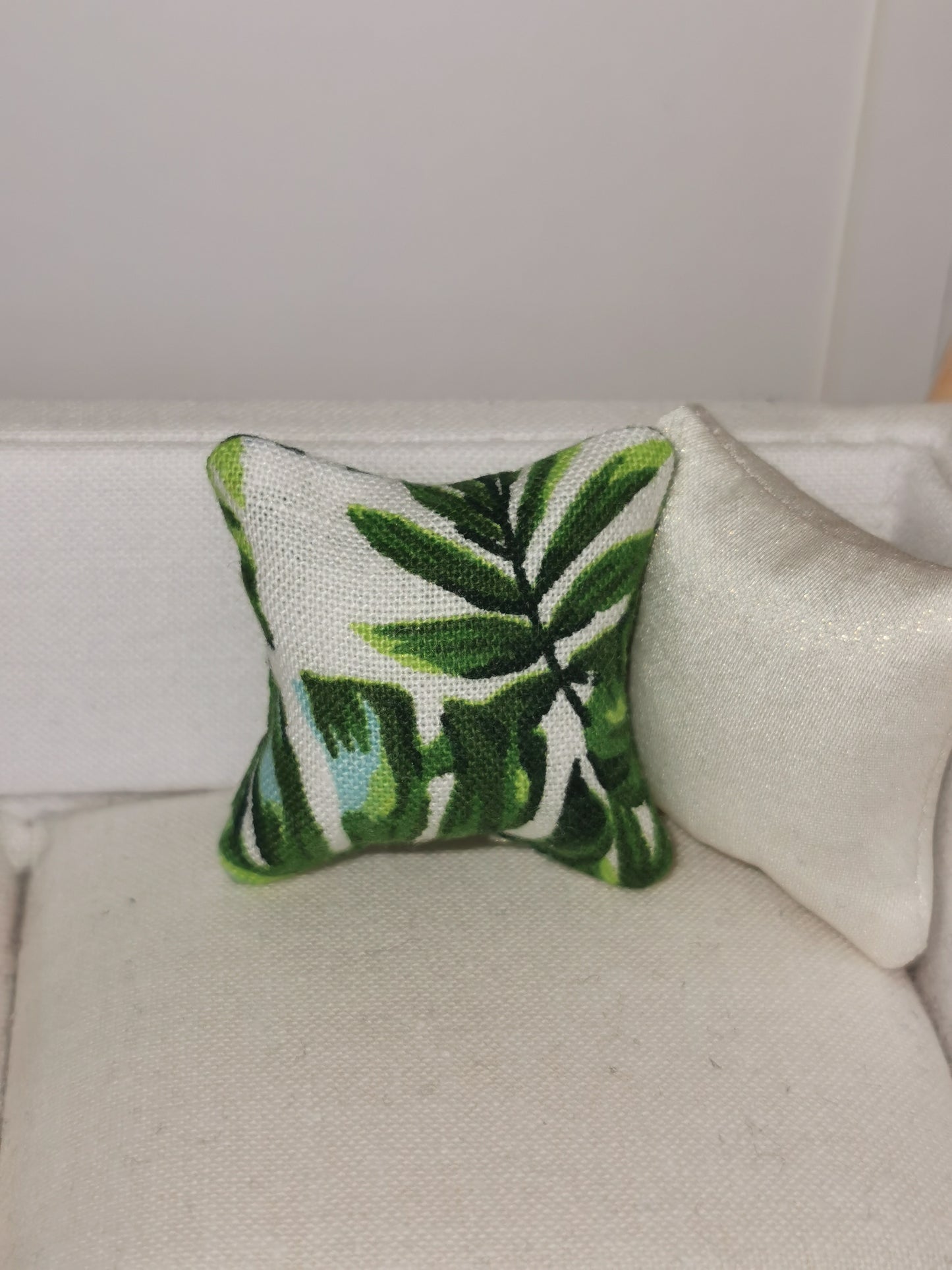 Green/White Leaf Print Cushion | 1:12th Scale | Handmade