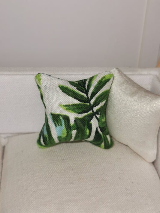 Green/White Leaf Print Cushion | 1:12th Scale | Handmade