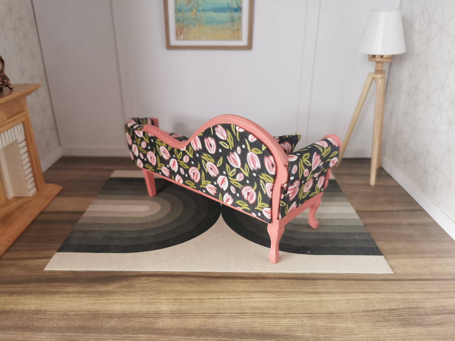 Chaise Longue in Pink & Navy Tulip Print Fabric | 1:12th Scale | Hand Finished