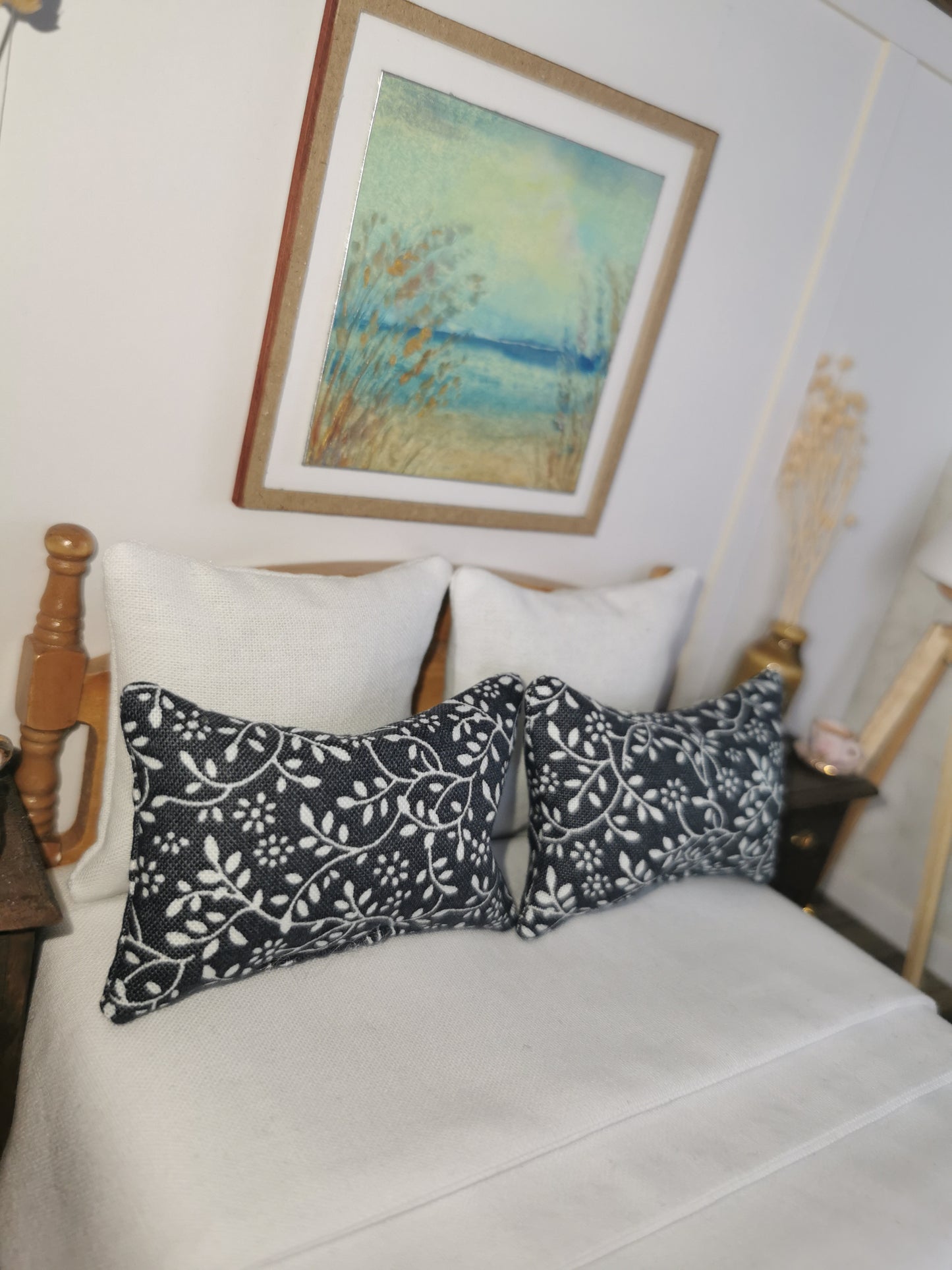 Grey/White Vine Print Pillows | Set of 2 | 1:12th Scale | Handmade