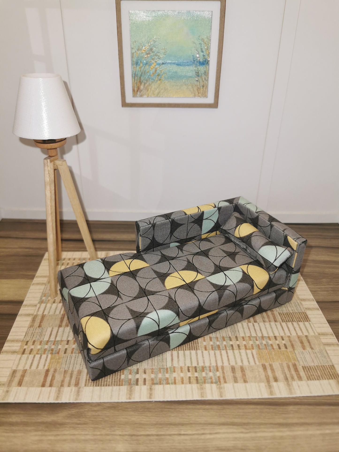 Grey Geo Print Chaise Longue | 1:12th Scale | Handmade