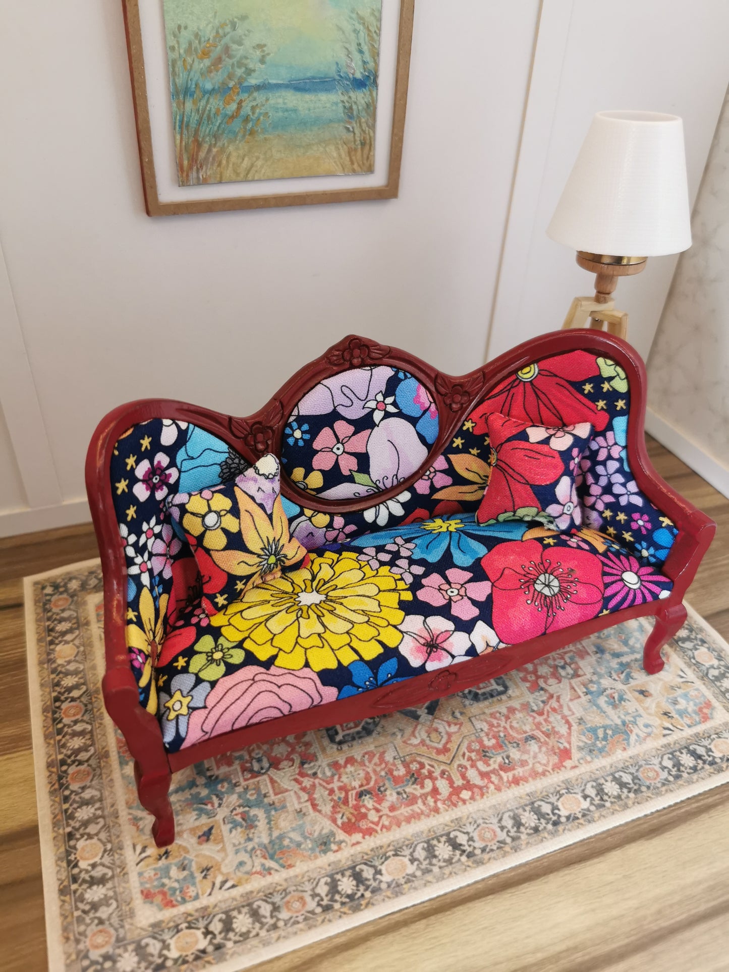 Sofa in Red & Navy Bright Floral | 1:12th Scale