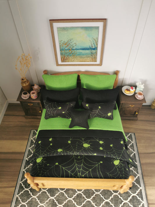 Black/Lime Green Spider Web Halloween Print Bed Linen Set | Set of 9 | 1:12th Scale | Handmade