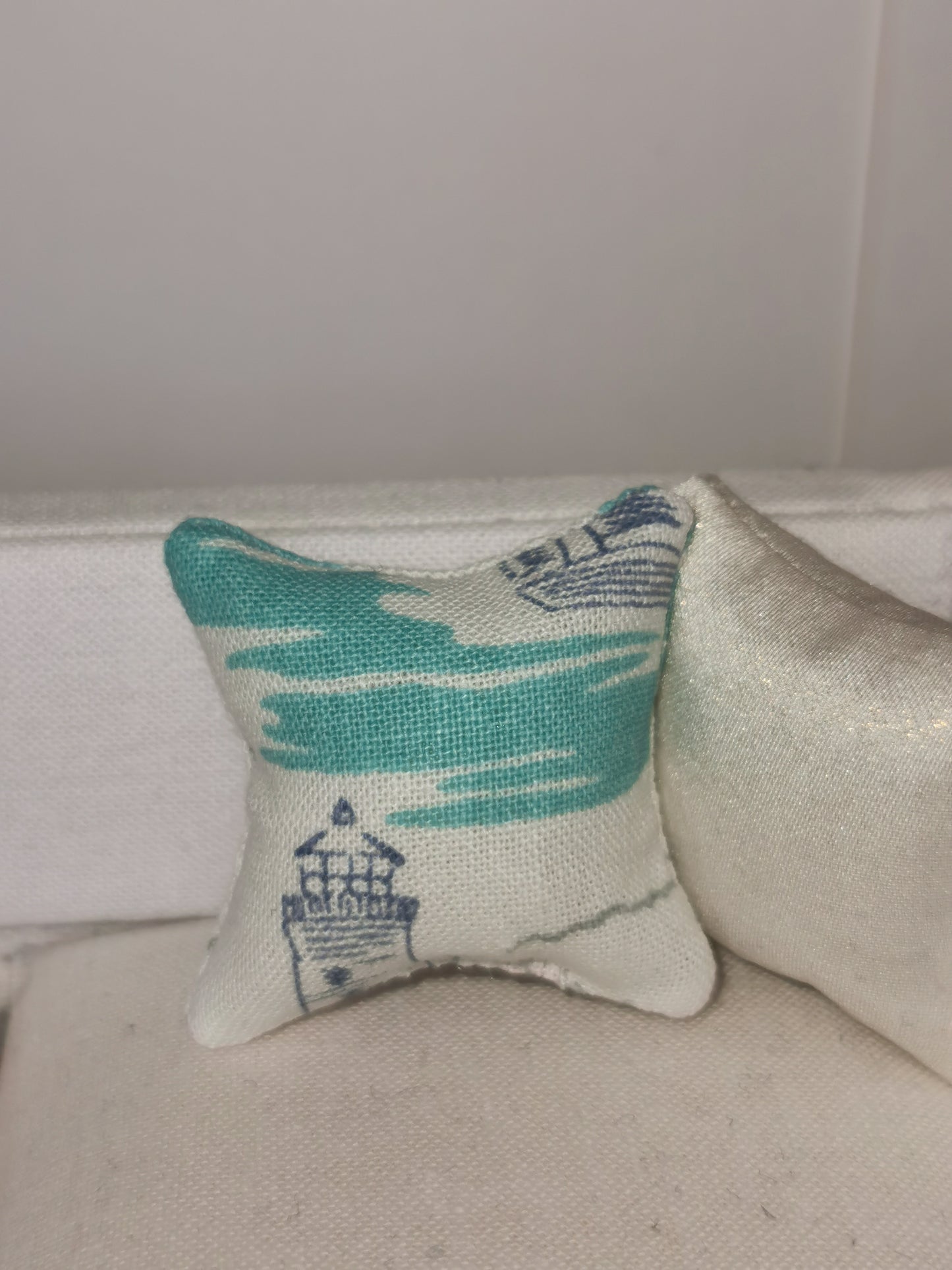 White/Aqua/Navy Boat & Lighthouse Print Cushion | 1:12th Scale | Handmade