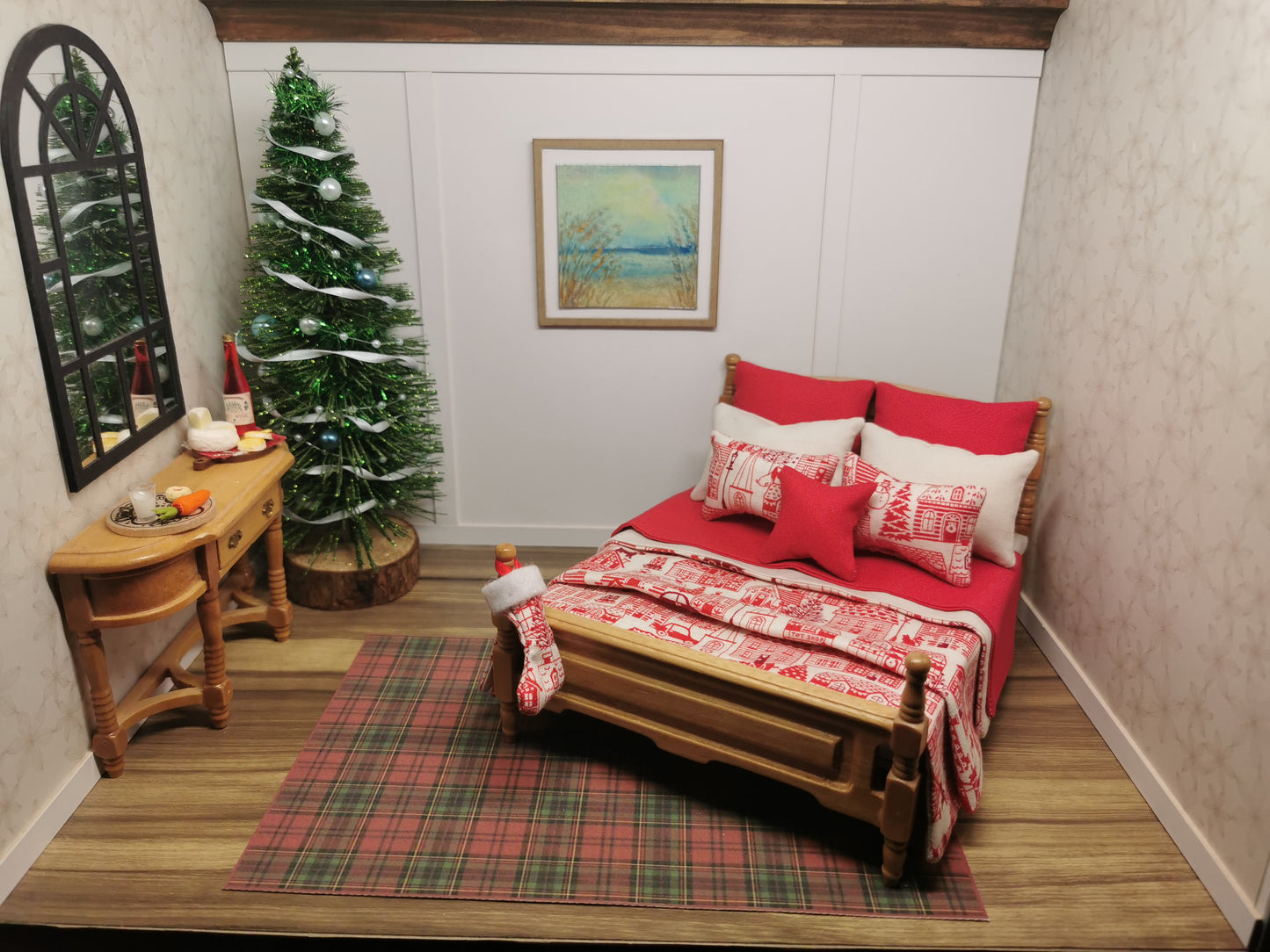 Red & Cream House Christmas Double Bed Linen Set | 1:12th Scale | Handmade