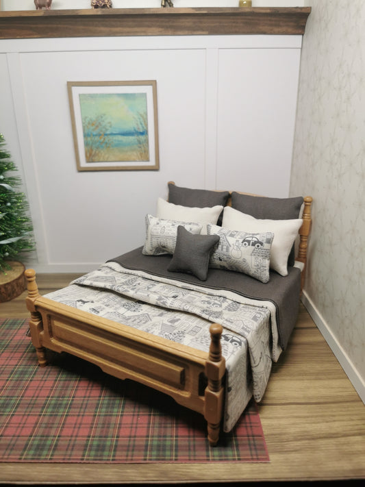 Grey & Cream House Christmas Double Bed Linen Set | 1:12th Scale | Handmade