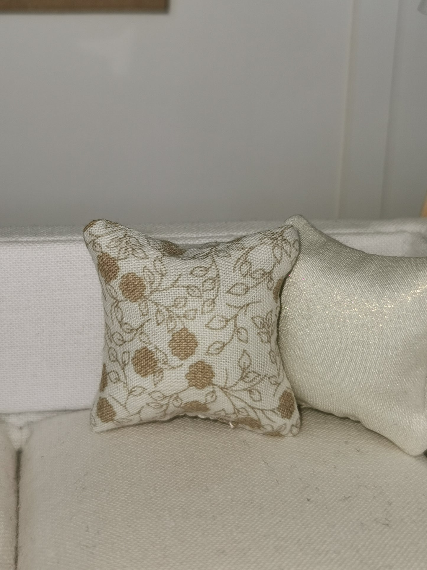 White/Taupe Floral Print Cushion | 1:12th Scale | Handmade